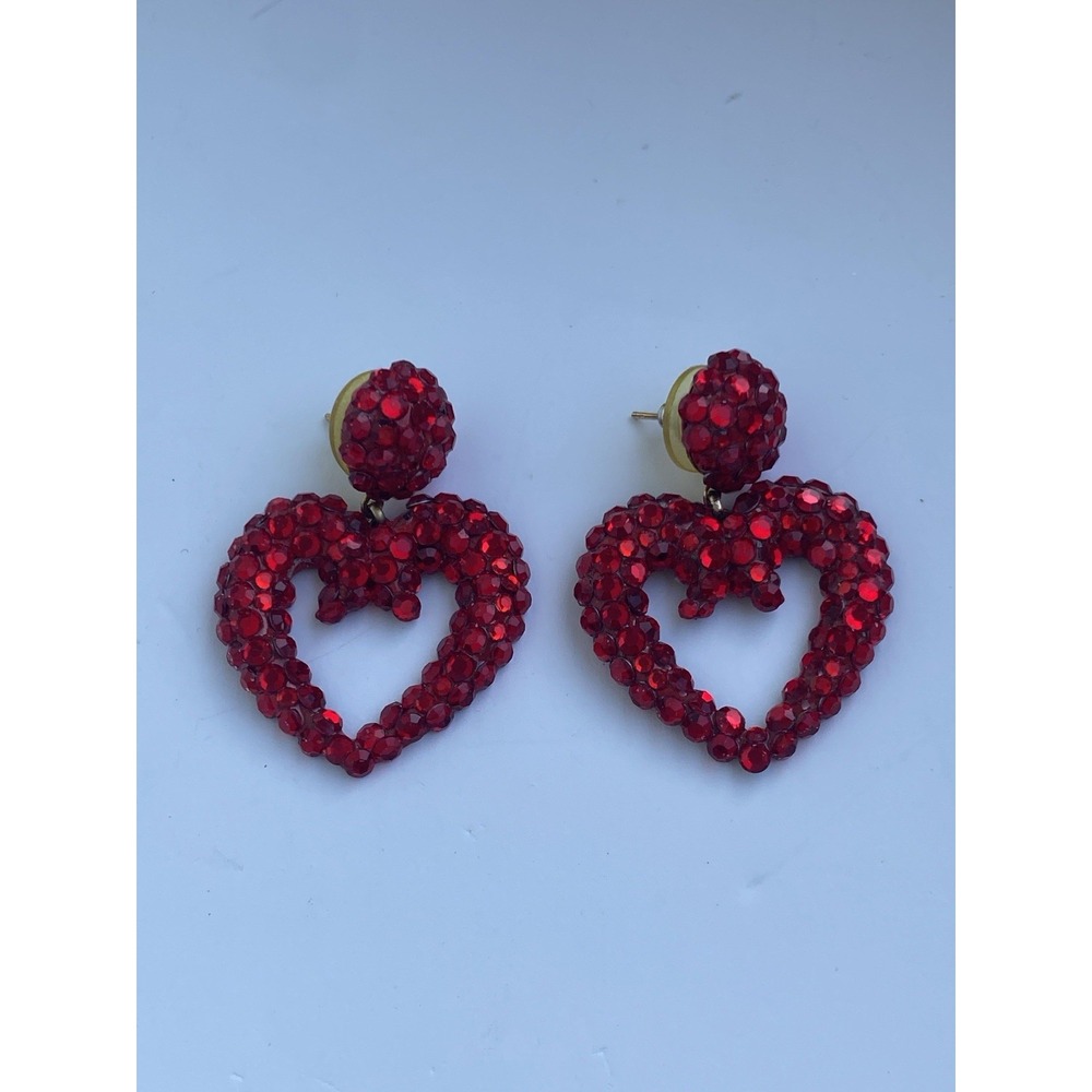 Red Rhinestone Open Heart Dangle Drop Earrings Pave Crystal Statement